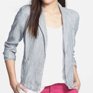 Caslon One-Button Linen Railroad Stripe Blazer Jacket S
